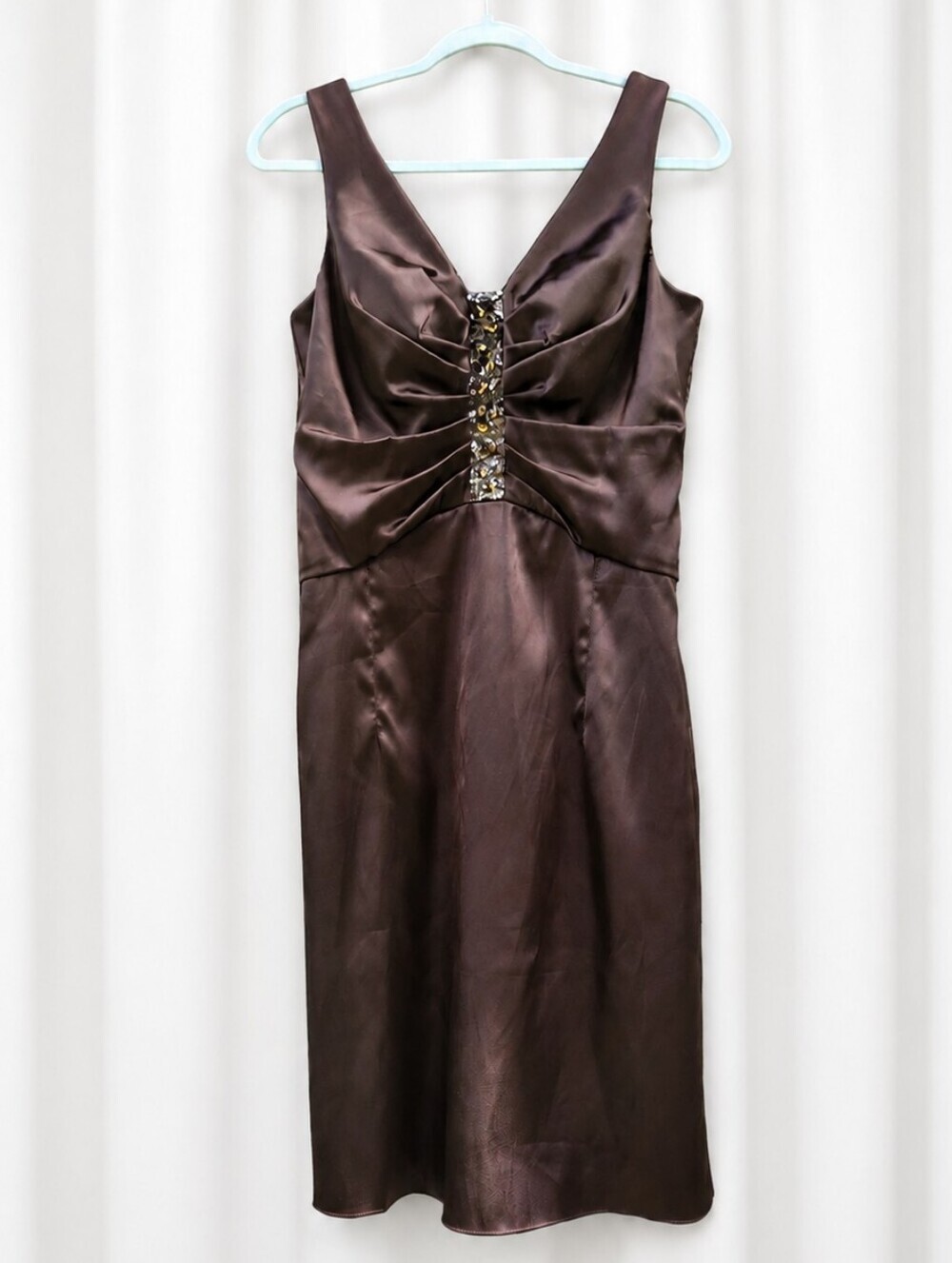 Spiegel Chocolate Brown Satin Midi Dress with Jewel Accents